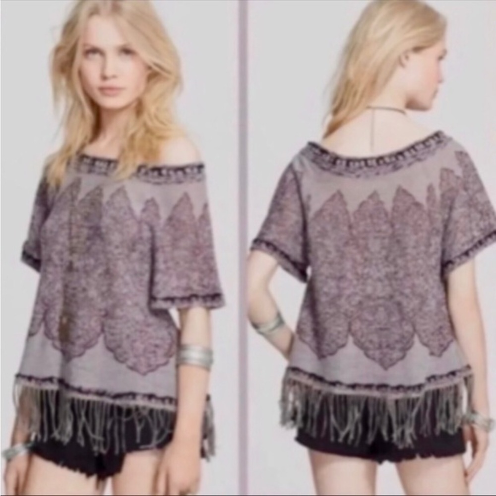 Free People Kilm Medallion Fringe Short Sleeve Boho Sweater. EUC. Sz S/M
